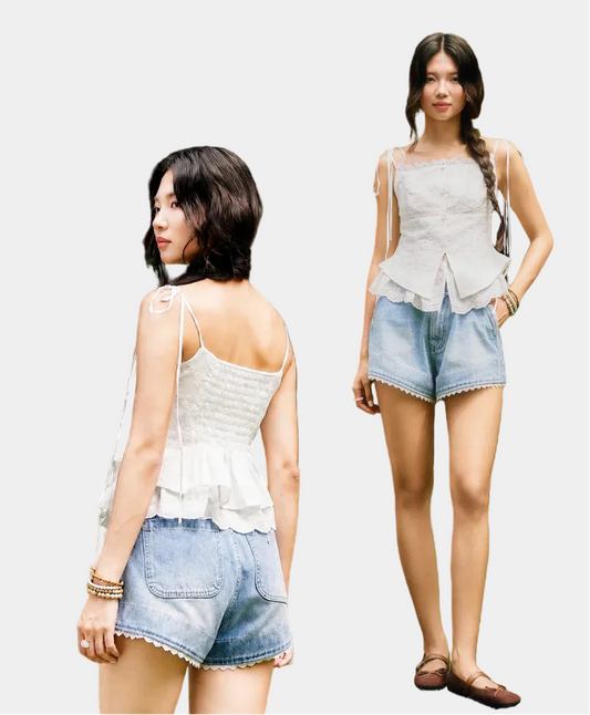 La Boutique Lace Trim Denim Shorts