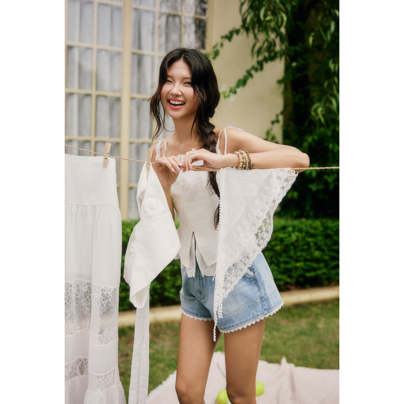 La Boutique Lace Trim Denim Shorts
