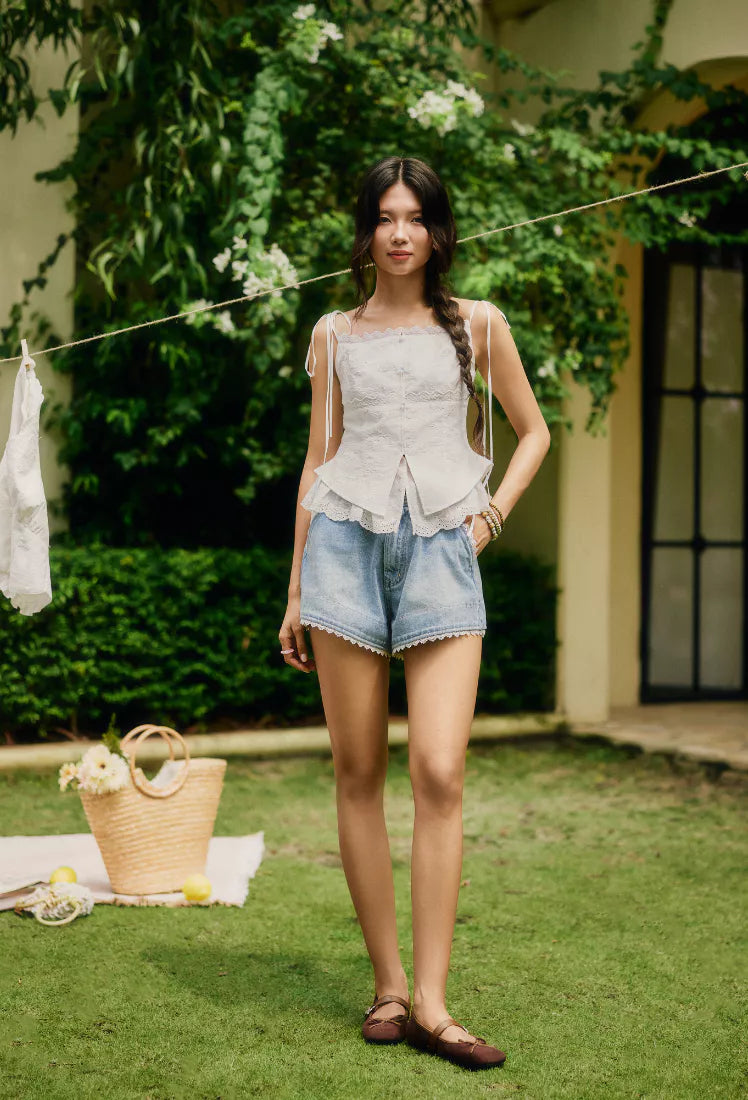 La Boutique Lace Trim Denim Shorts