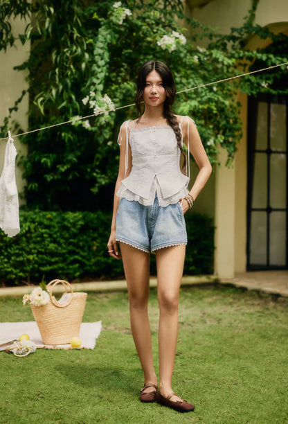 La Boutique Lace Trim Denim Shorts