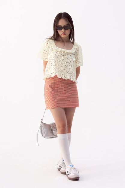 Libe Red Gingham Khaki Mini Skirt (Pre-order)