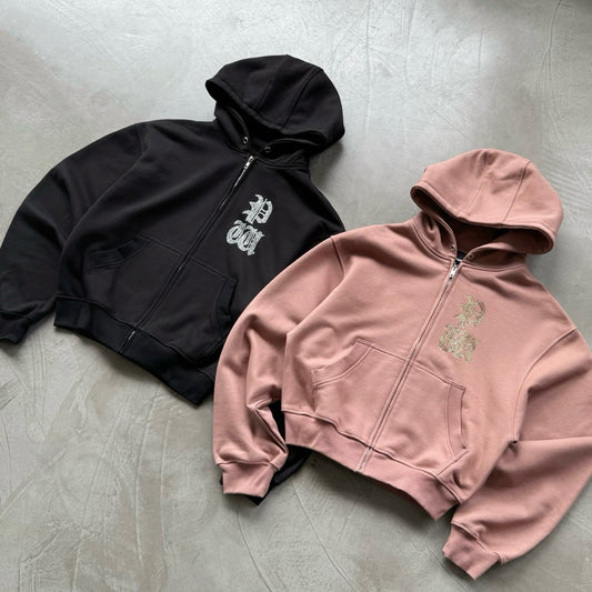 Powrpowr Rhinestone Zip Hoodie