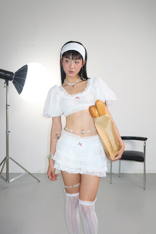 Sodope Club White Lace Puff-Sleeve Crop Top & Layered Mini Skirt Set (Pre-order)