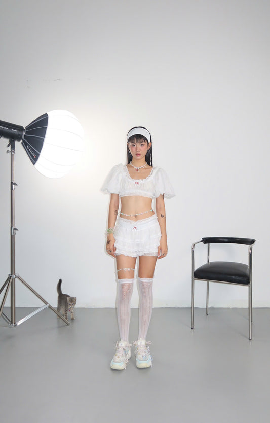 Sodope Club White Lace Puff-Sleeve Crop Top & Layered Mini Skirt Set (Pre-order)