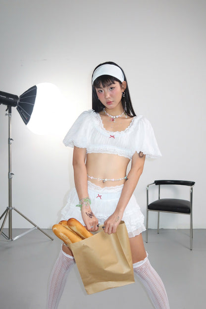 Sodope Club White Lace Puff-Sleeve Crop Top & Layered Mini Skirt Set (Pre-order)