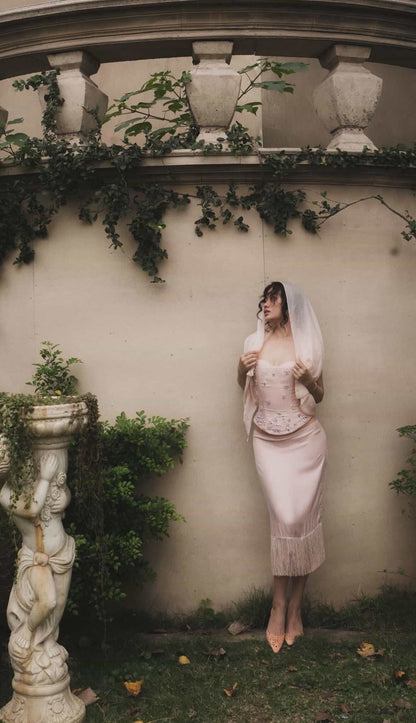 Daily n Rose Rosé Silk Beaded Corset & Fringe Midi Skirt