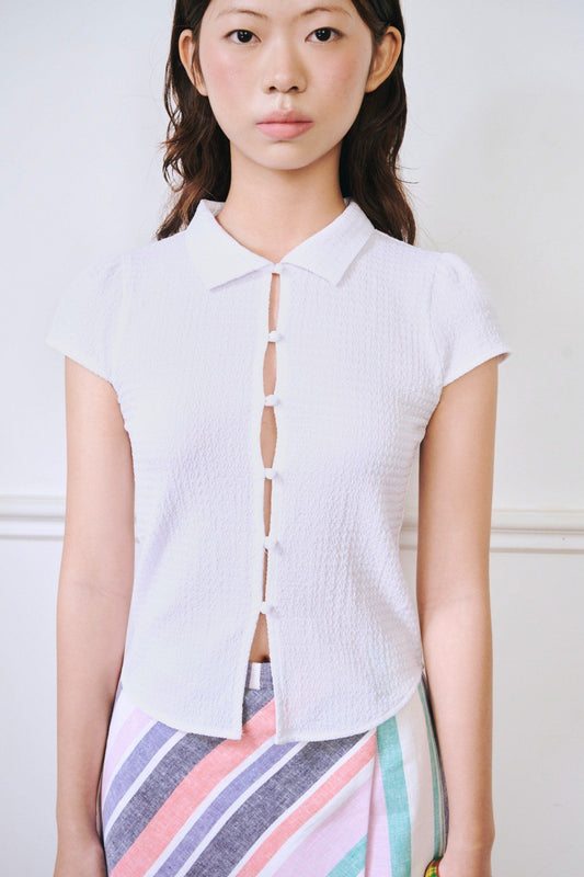 Libe White Button-Up Short Sleeve Top (Pre-order)