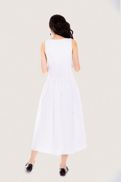 Libe White Floral Embellished Ruffle Midi Dress (Pre-order)