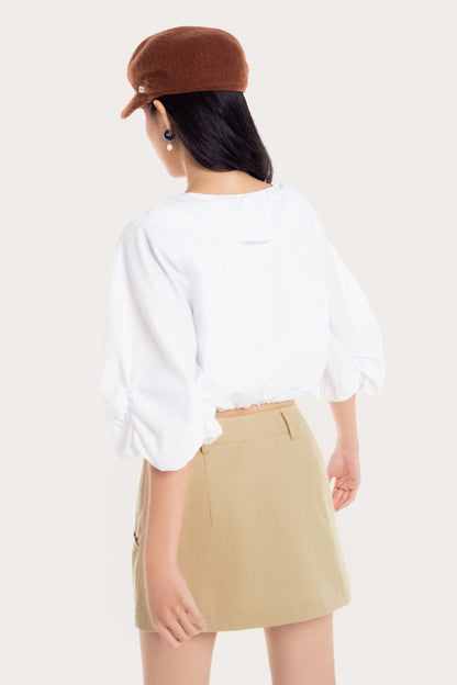 Libe White Front Tied Ruched Sleeve Top (Pre-order)