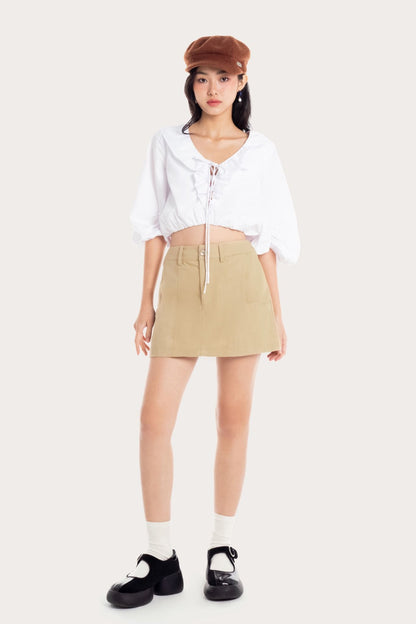 Libe White Front Tied Ruched Sleeve Top (Pre-order)