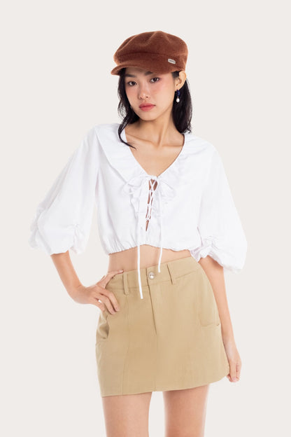 Libe White Front Tied Ruched Sleeve Top (Pre-order)