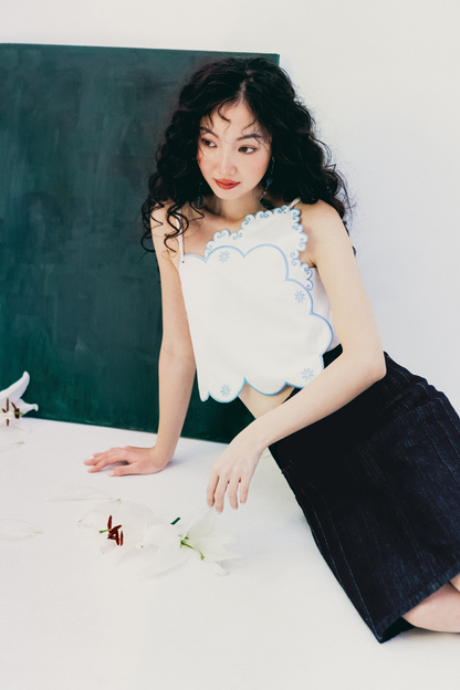 Libe White Scalloped Edge Embroidered Straps Top (Pre-order)