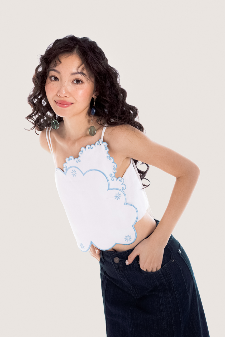 Libe White Scalloped Edge Embroidered Straps Top (Pre-order)