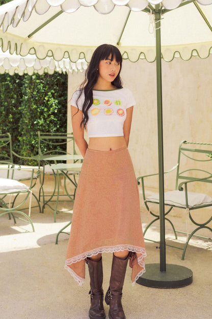 Libe White Tropical Fruits Printed Green Collar Crop Top (Pre-order)