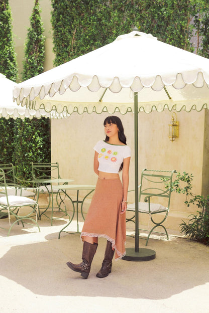 Libe White Tropical Fruits Printed Green Collar Crop Top (Pre-order)