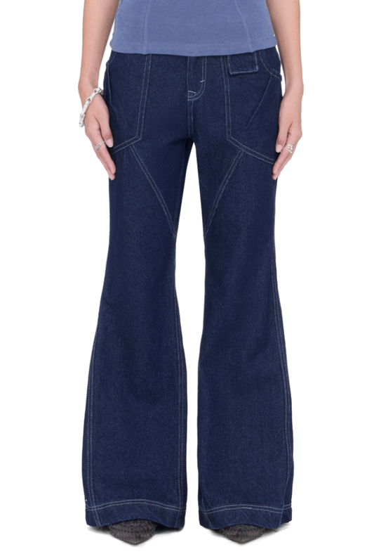 The Beuter Wmns Navy Wide Flare Raw Denim Jeans