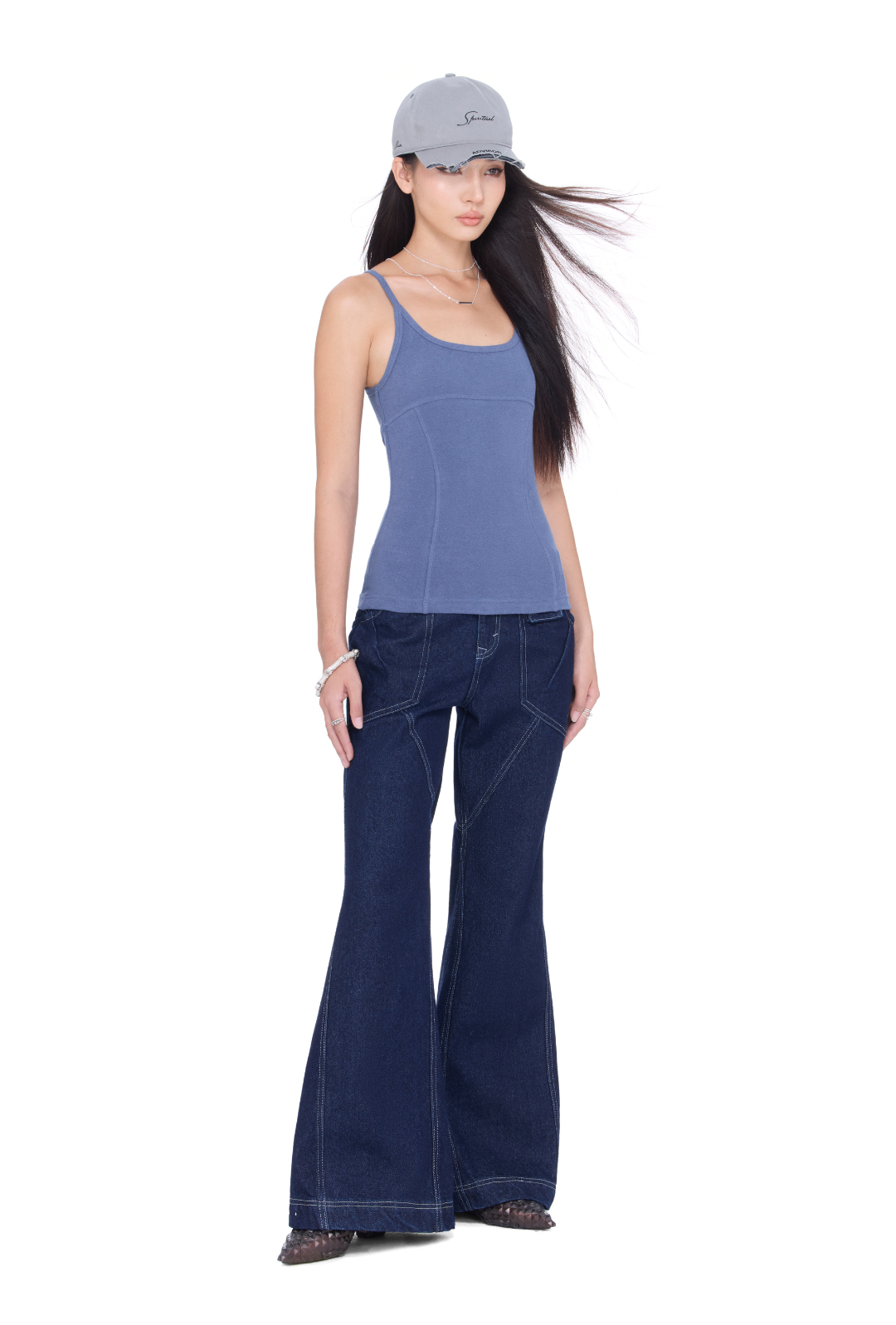The Beuter Wmns Navy Wide Flare Raw Denim Jeans