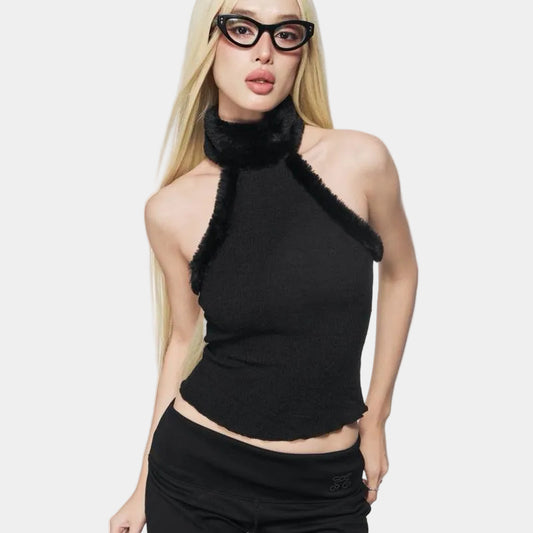 Nhabachtuot White Fur Button V Neck Top