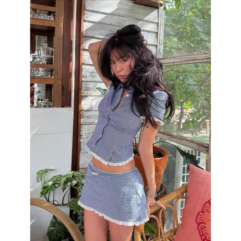 Mango79 Cropped Shirt and Mini Skirt with Lace Trim Set