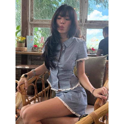 Mango79 Cropped Shirt and Mini Skirt with Lace Trim Set