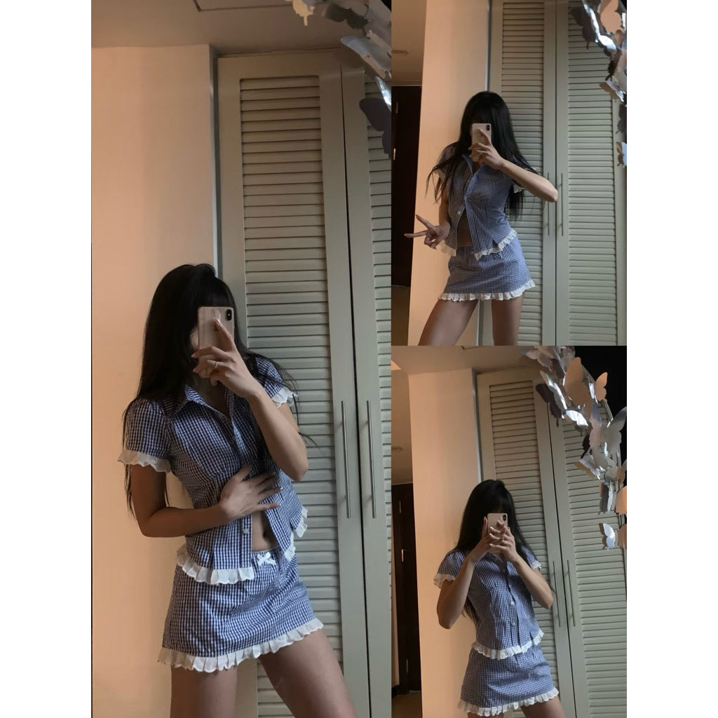 Mango79 Cropped Shirt and Mini Skirt with Lace Trim Set