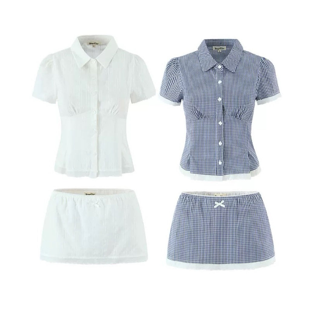 Mango79 Cropped Shirt and Mini Skirt with Lace Trim Set