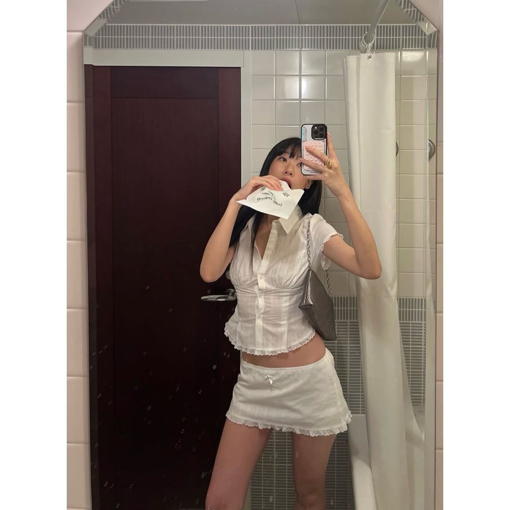 Mango79 Cropped Shirt and Mini Skirt with Lace Trim Set