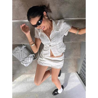 Mango79 Cropped Shirt and Mini Skirt with Lace Trim Set