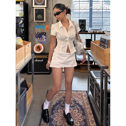 Mango79 Cropped Shirt and Mini Skirt with Lace Trim Set