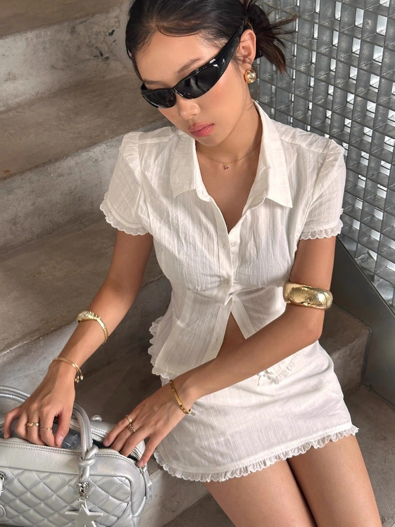 Mango79 Cropped Shirt and Mini Skirt with Lace Trim Set