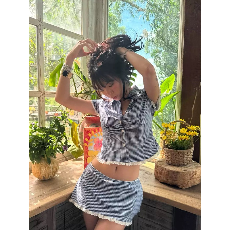 Mango79 Cropped Shirt and Mini Skirt with Lace Trim Set