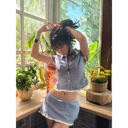 Mango79 Cropped Shirt and Mini Skirt with Lace Trim Set