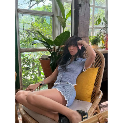 Mango79 Cropped Shirt and Mini Skirt with Lace Trim Set