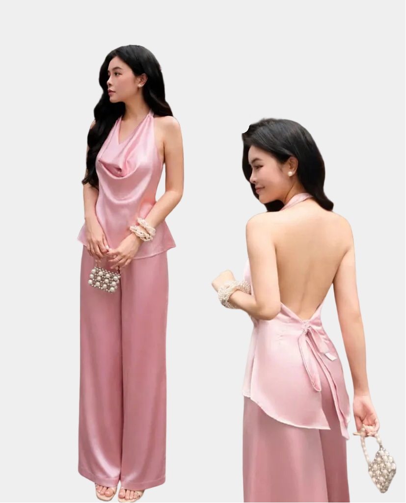 La Boutique Cowl Halter Silk Set