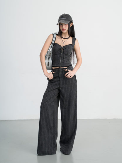 Hoo Design Gray Striped Spaghetti Strap Top