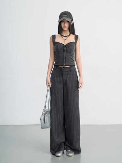 Hoo Design Gray Striped Spaghetti Strap Top