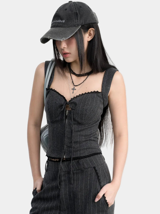 Hoo Design Gray Striped Spaghetti Strap Top