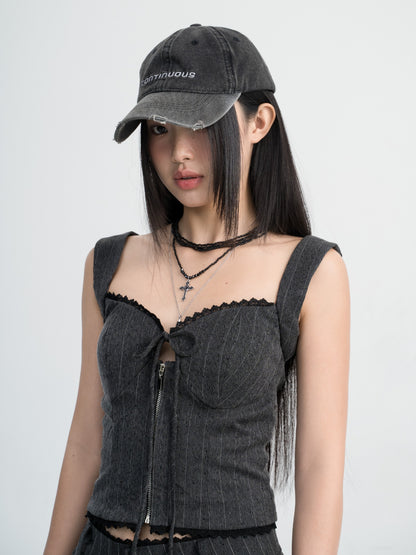 Hoo Design Gray Striped Spaghetti Strap Top