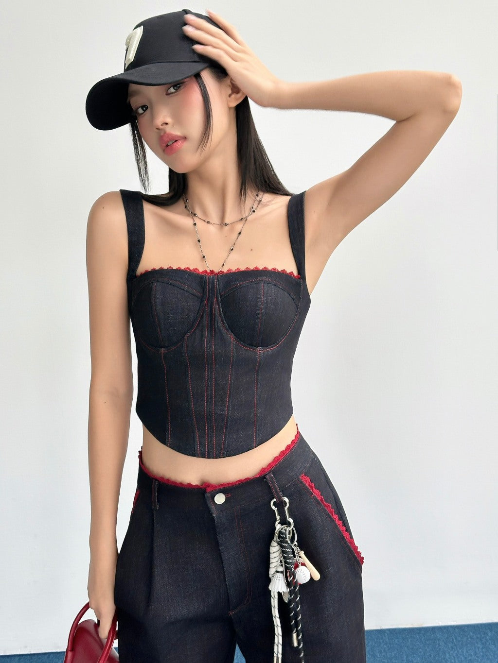 Hoo Desgin Double Strap Denim with Red Lace Trim Top - Delivery in 48h