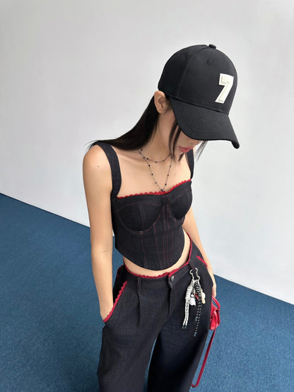 Hoo Desgin Double Strap Denim with Red Lace Trim Top - Delivery in 48h