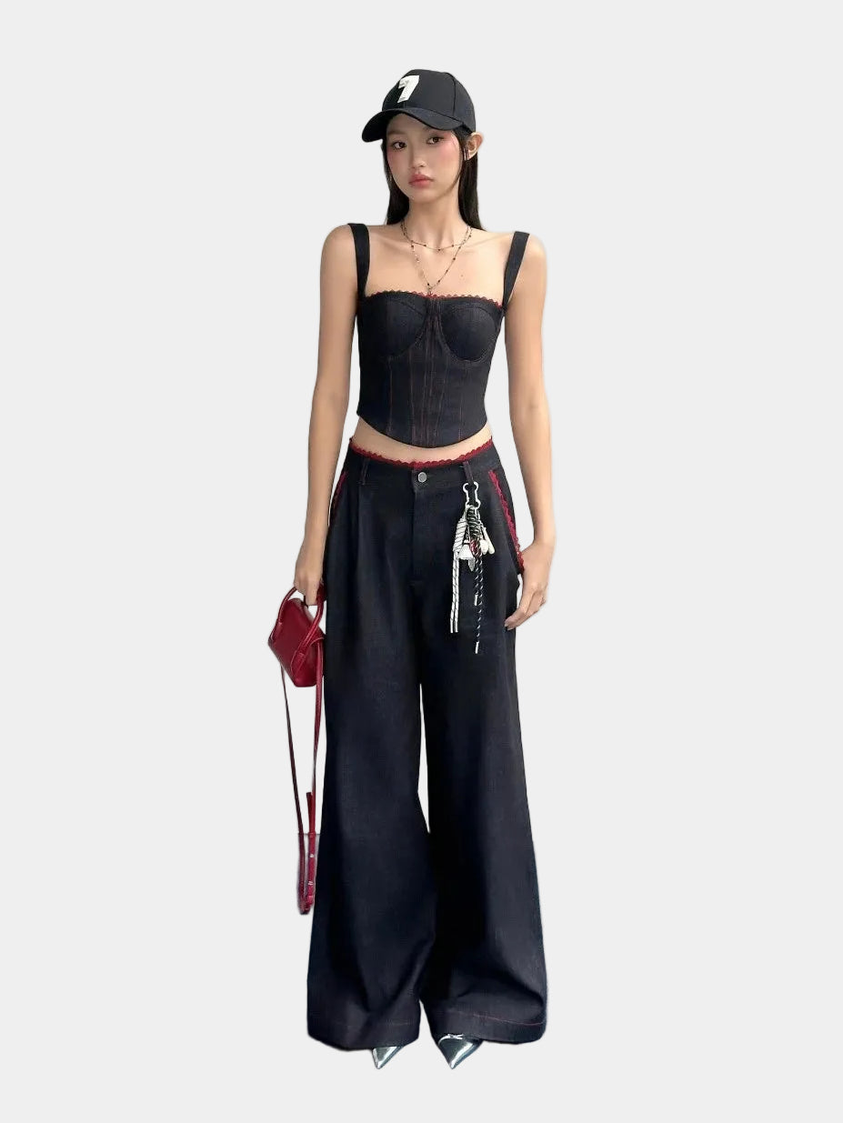 Hoo Desgin Double Strap Denim with Red Lace Trim Top - Delivery in 48h