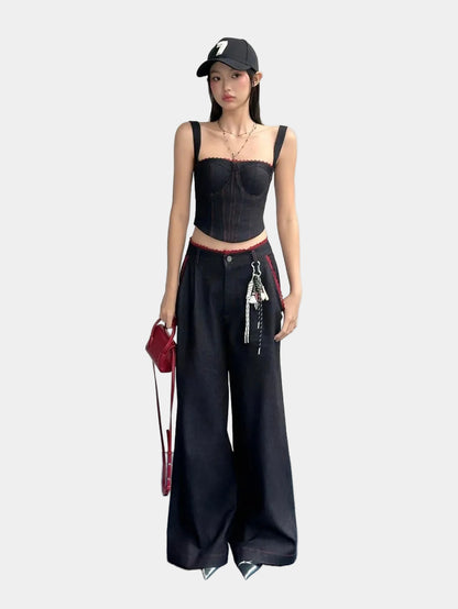 Hoo Desgin Double Strap Denim with Red Lace Trim Top - Delivery in 48h
