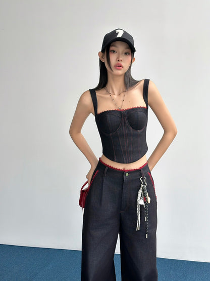 Hoo Desgin Double Strap Denim with Red Lace Trim Top - Delivery in 48h