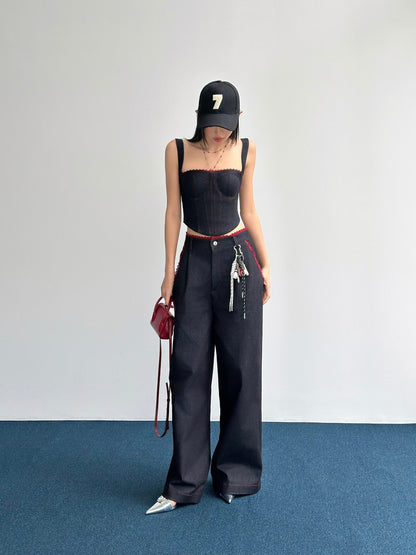 Hoo Desgin Double Strap Denim with Red Lace Trim Top - Delivery in 48h
