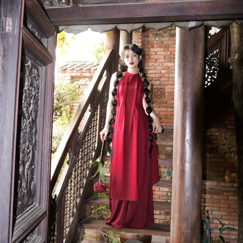 Mania Cutie Hong Xa Ao Dai Set
