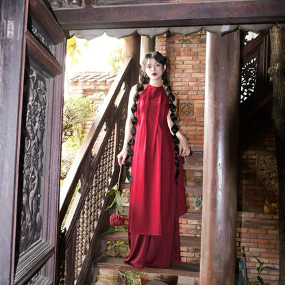 Mania Cutie Hong Xa Ao Dai Set
