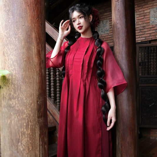Mania Cutie Hong Xa Ao Dai Set