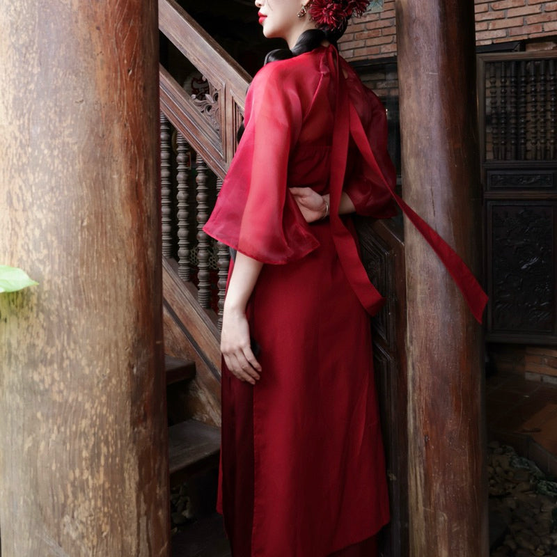 Mania Cutie Hong Xa Ao Dai Set