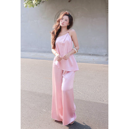 La Boutique Beaded Cross-Neck Silk Set