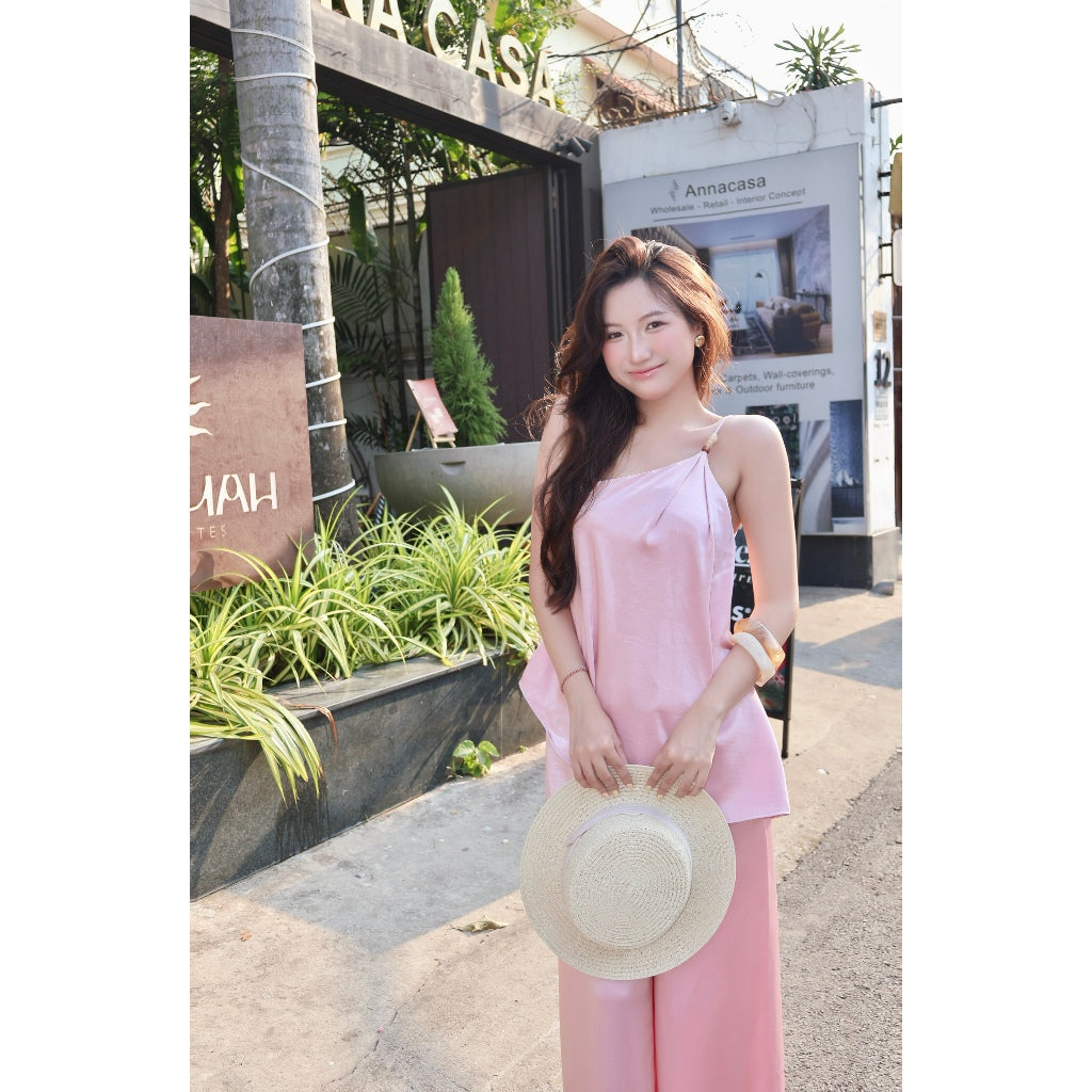 La Boutique Beaded Cross-Neck Silk Set